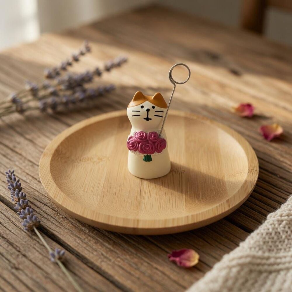 Bamboo Ring Dish with Cute Cat Memo Clip Holder Kawaii Cat Ring Tray